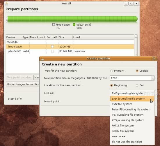 Pilihan ext4 di installer Ubuntu