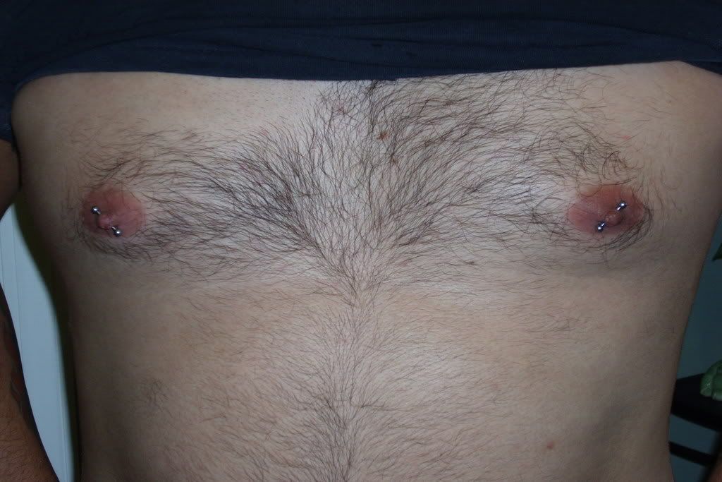 Male nipple piercing 14g Straight Barbells Repierce on diag Image