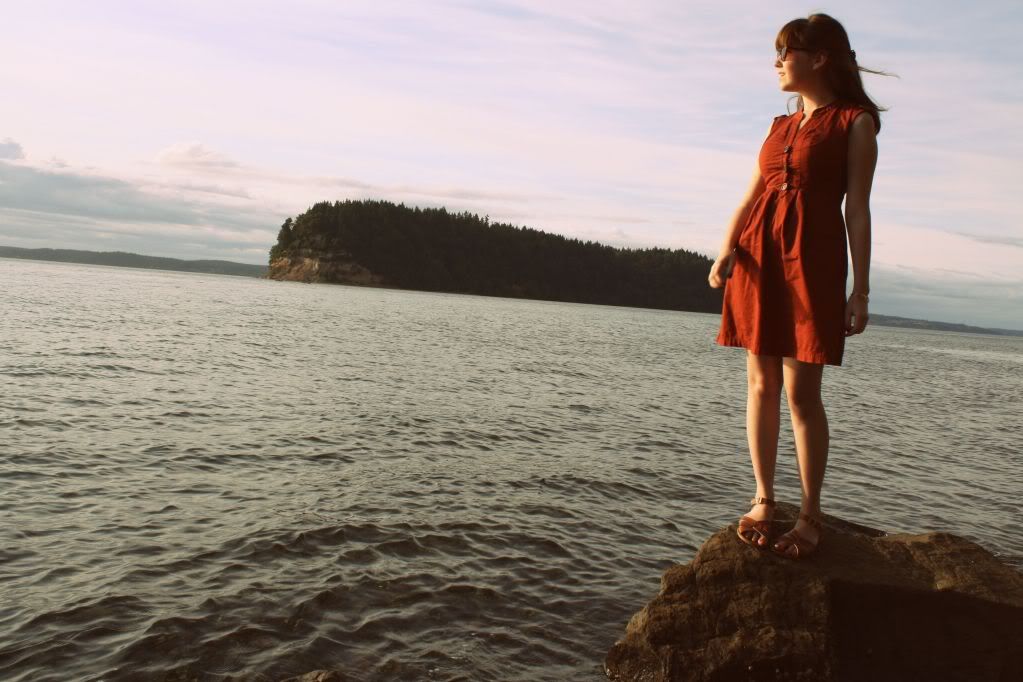 the clothes horse, daily outfit, orange dress, sea shore, puget sound, personal style, rocky shore, pacific ocean