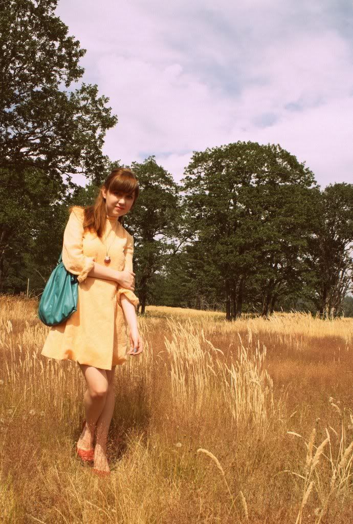 the clothes horse, vintage, dress, peach polka dot, fashion, style, daily, outfit, field, summer