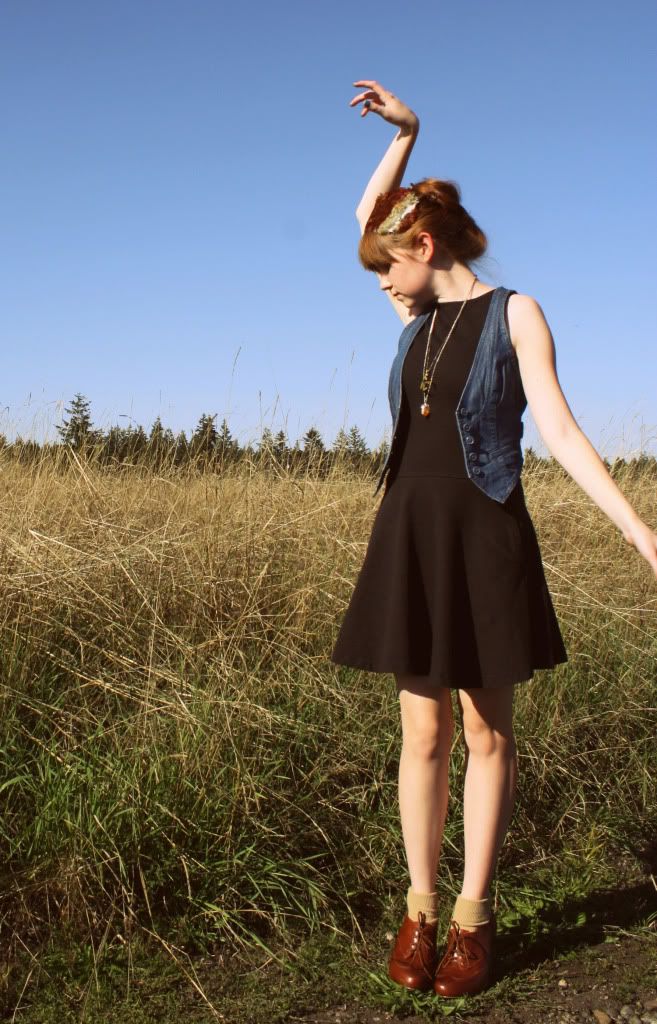 black dress, denim vest, fall accessories, fall style, daily outfit, personal style, the clothes horse, vintage, secondhand