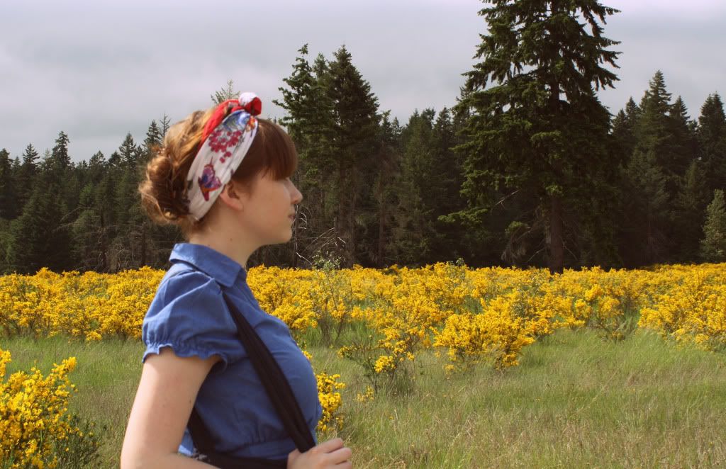 vintage scarf, blue dress, yellow flowers, field, daily outfit, the clothes horse