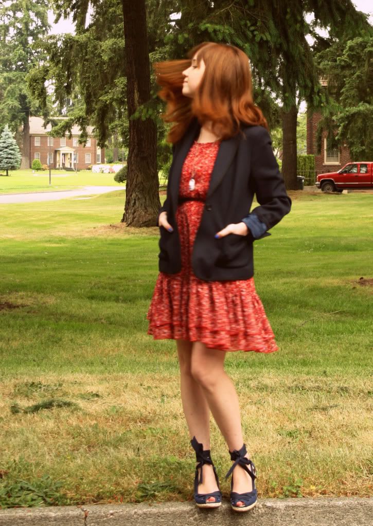 red dress, navy oversize blazer, daily outfit, the clothes horse, wedges