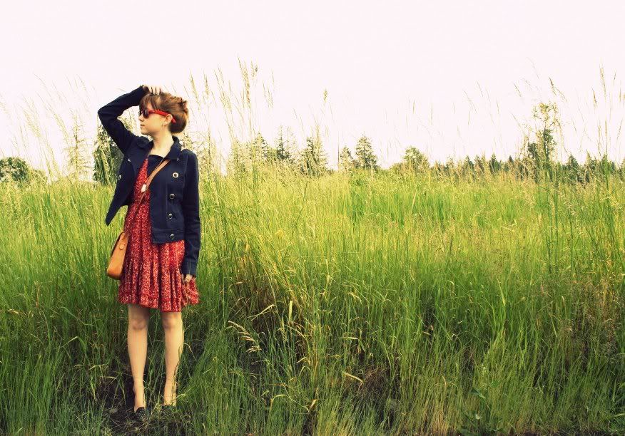 red floral dress, field, daily outfit, the clothes horse, nautical