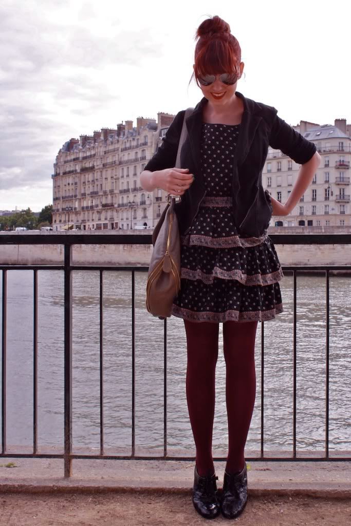 the clothes horse, paris, seine, notre dame, stain glass windows, fashion, personal style, aviators, nueu, black tights, bloch wedges, patent shoes, built by wendy, ruffle dress, redhead, shakespeare & company, pont des arts bridge, padlock bridge