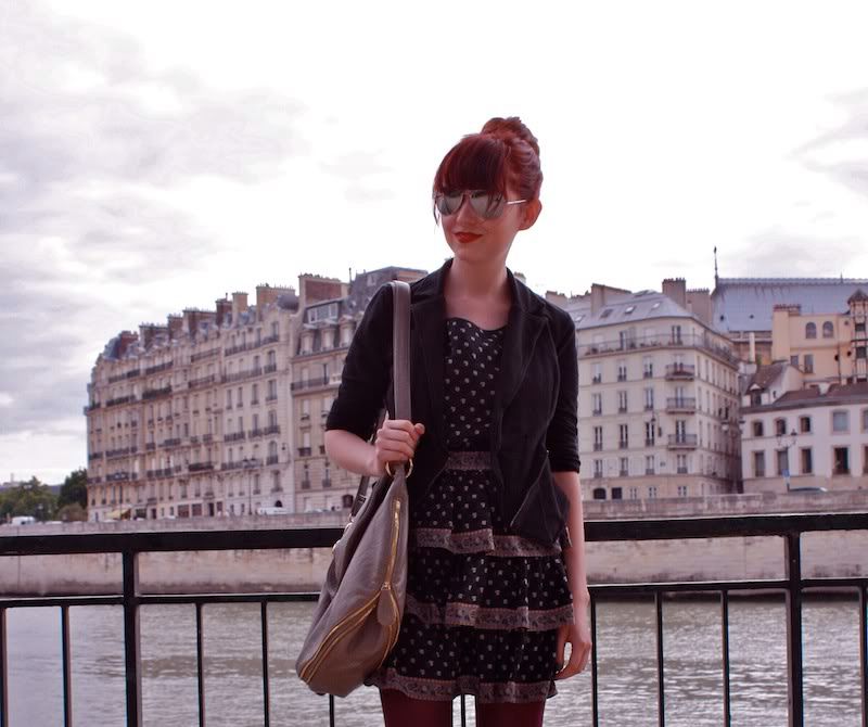 the clothes horse, paris, seine, notre dame, stain glass windows, fashion, personal style, aviators, nueu, black tights, bloch wedges, patent shoes, built by wendy, ruffle dress, redhead, shakespeare & company, pont des arts bridge, padlock bridge