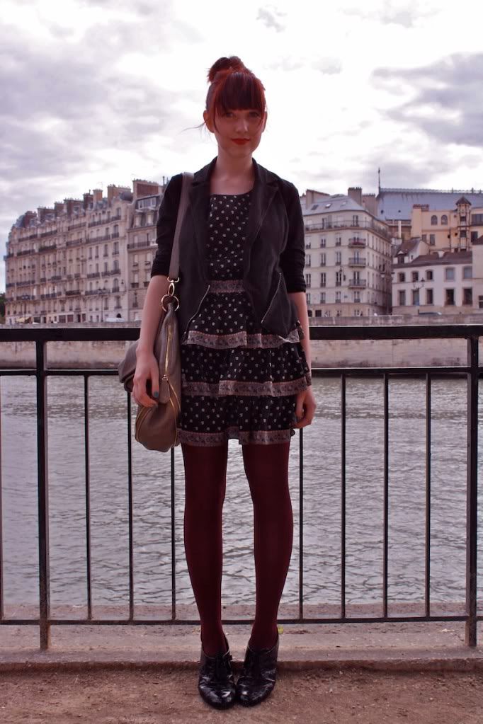 the clothes horse, paris, seine, notre dame, stain glass windows, fashion, personal style, aviators, nueu, black tights, bloch wedges, patent shoes, built by wendy, ruffle dress, redhead, shakespeare & company, pont des arts bridge, padlock bridge