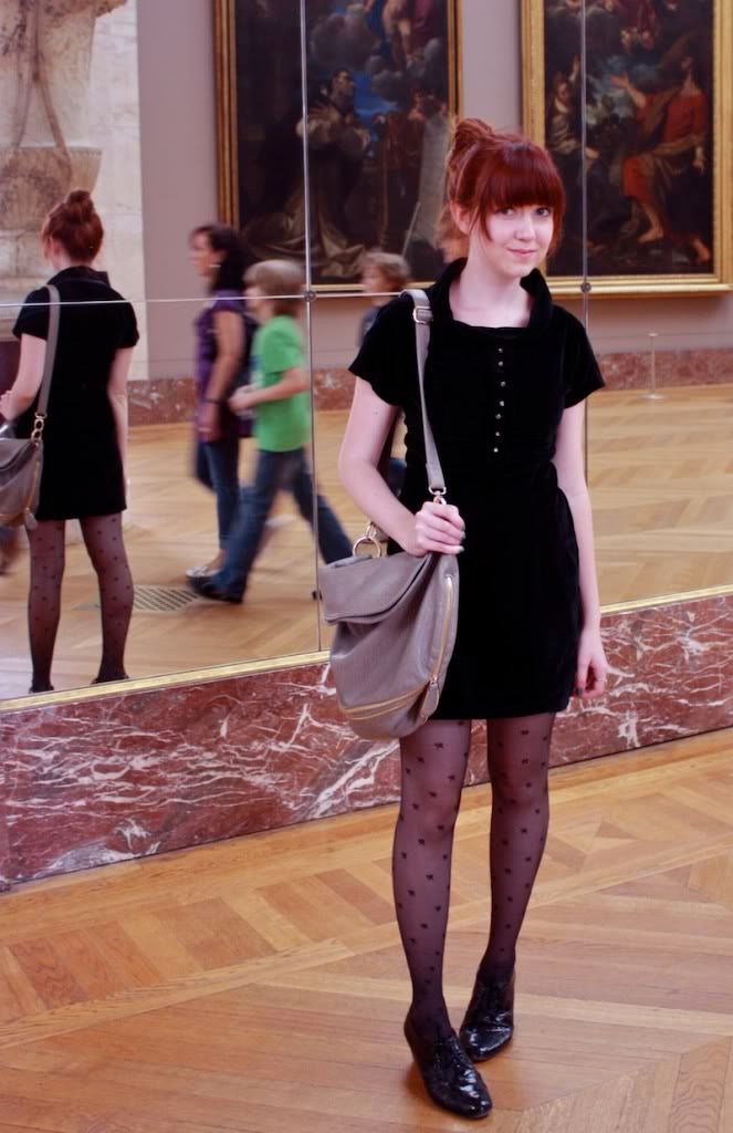 the clothes horse, paris, louvre, the louvre, personal style, fashion, bow tights, sheer tights, black dress, vintage dress, rhinestone buttons, chignon, cheap monday sunglasses, patent shoes, bloch wedges