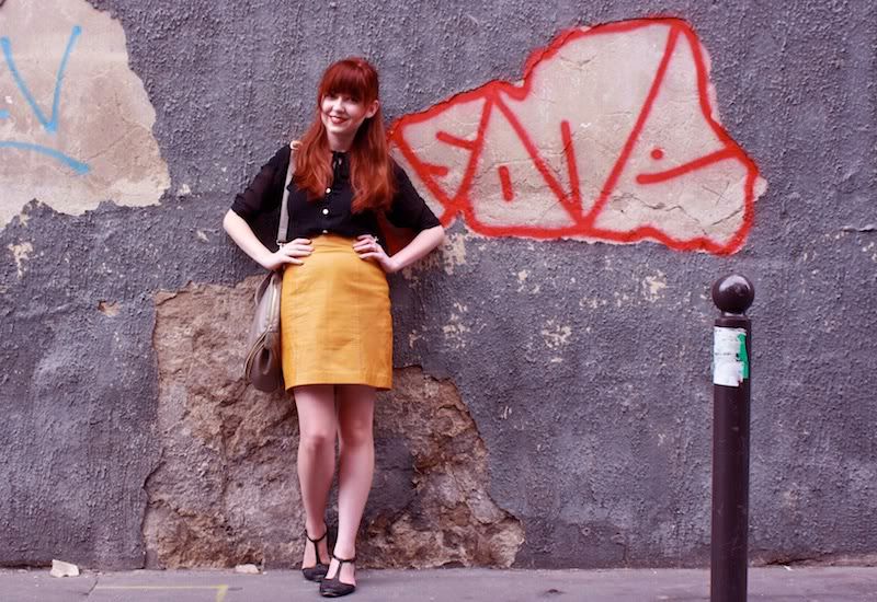 the clothes horse, paris, france, montmartre, french, yellow pencil skirt, leather skirt, button down, fashion, style, retro, vintage, redhead