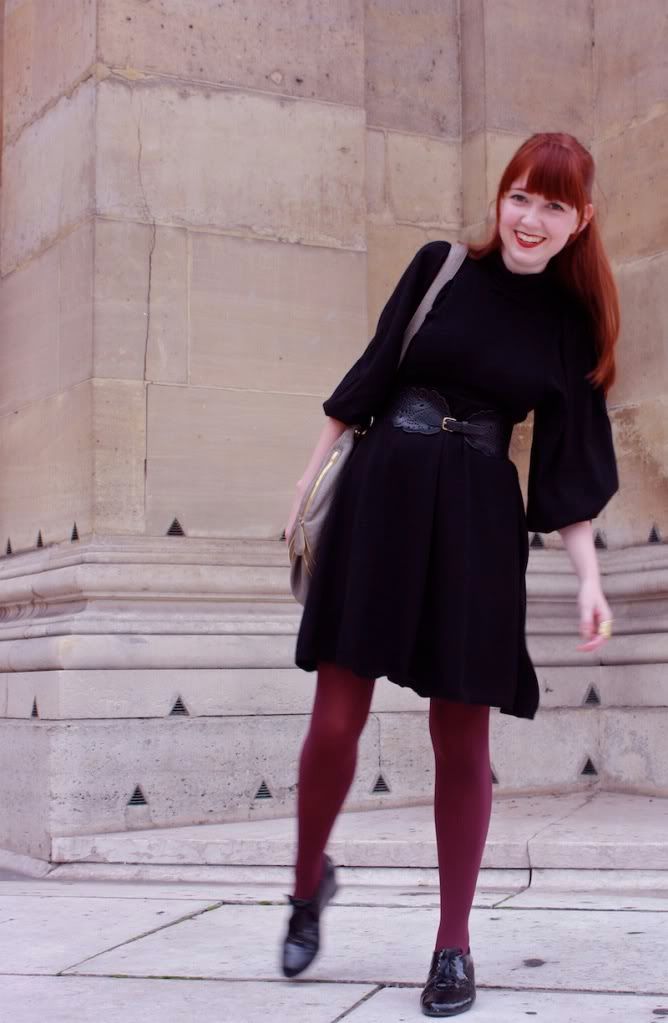 the clothes horse, fashion, style, retro, elizabeth lau, black dress, knit dress, sweater dress, purple tights, patent wedges, paris, france, edith piaf