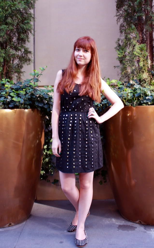the clothes horse, built by wendy, mirror dress, fashion, style, retro, black dress, nyc, studded flats, redhead