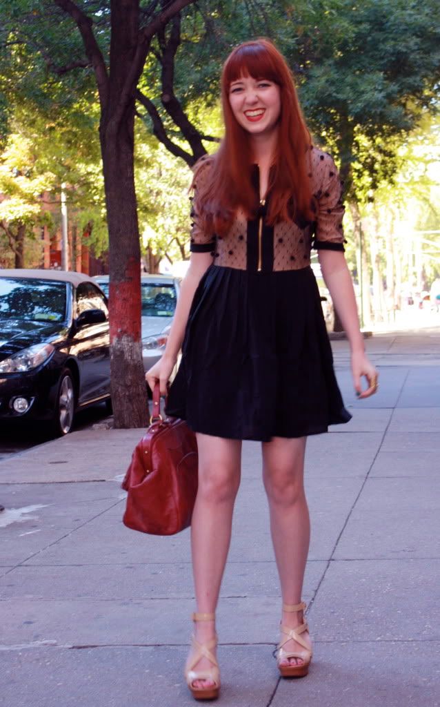 the clothes horse, tba, sheer, nude, dkny, pom pom dress, fashion, style, retro, black dress, nyc, redhead