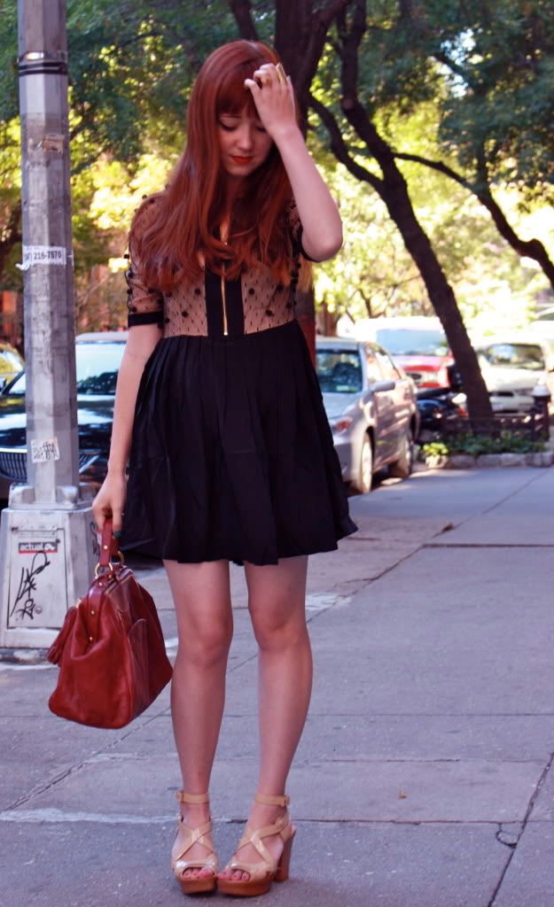 the clothes horse, tba, sheer, nude, dkny, pom pom dress, fashion, style, retro, black dress, nyc, redhead