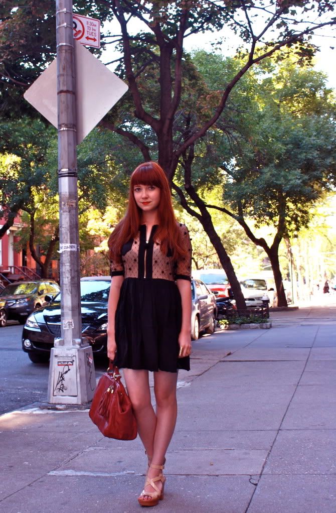 the clothes horse, tba, sheer, nude, dkny, pom pom dress, fashion, style, retro, black dress, nyc, redhead