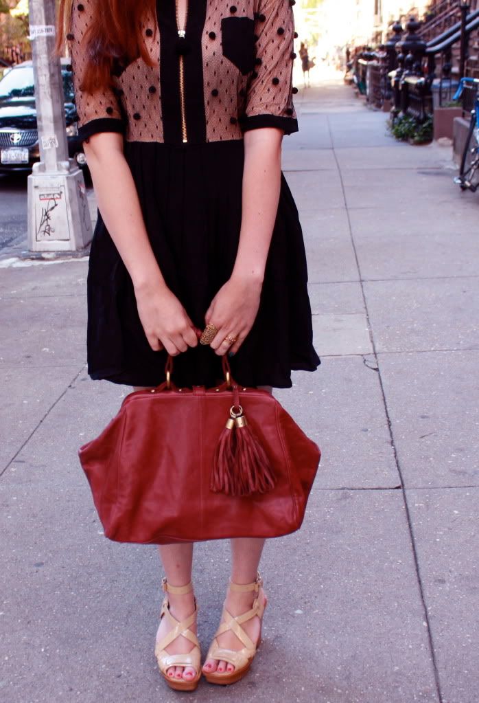 the clothes horse, tba, sheer, nude, dkny, pom pom dress, fashion, style, retro, black dress, nyc, redhead