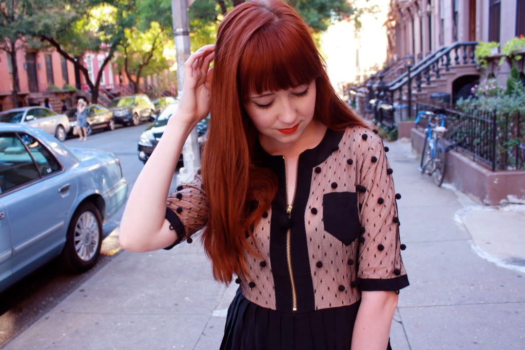 the clothes horse, tba, sheer, nude, dkny, pom pom dress, fashion, style, retro, black dress, nyc, redhead