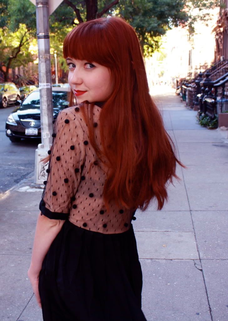 the clothes horse, tba, sheer, nude, dkny, pom pom dress, fashion, style, retro, black dress, nyc, redhead