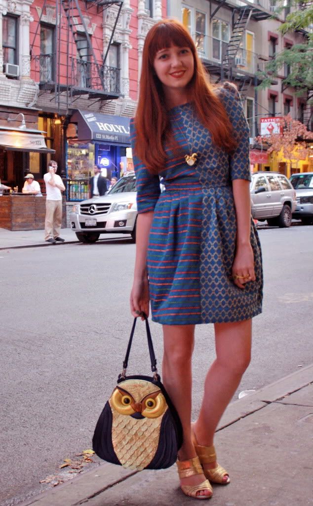 the clothes horse, fashion, style, red head, brocade dress, neneee, modcloth, gold heels, seychelles, owl bag