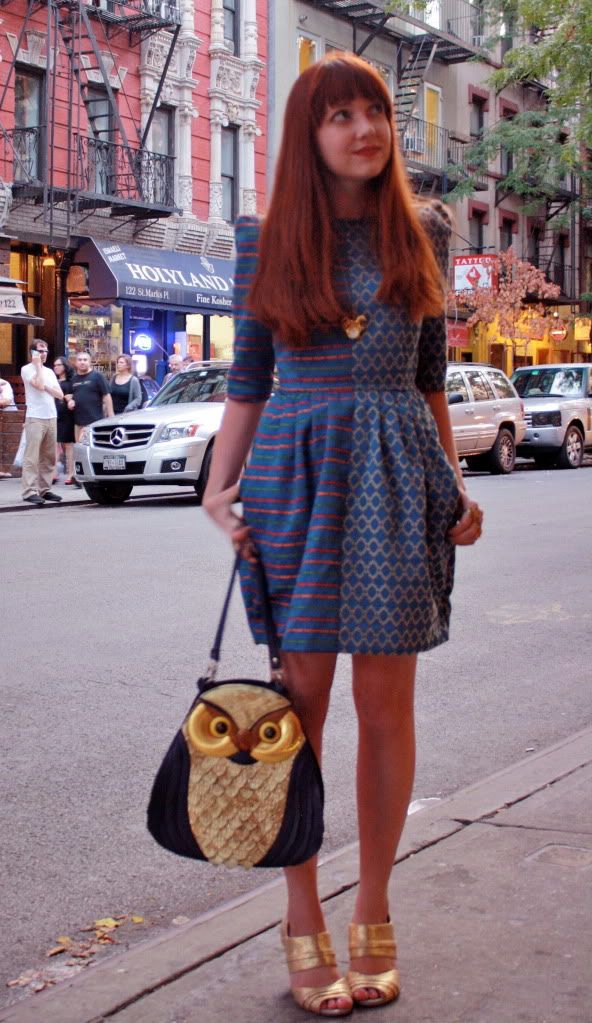 the clothes horse, fashion, style, red head, brocade dress, neneee, modcloth, gold heels, seychelles, owl bag