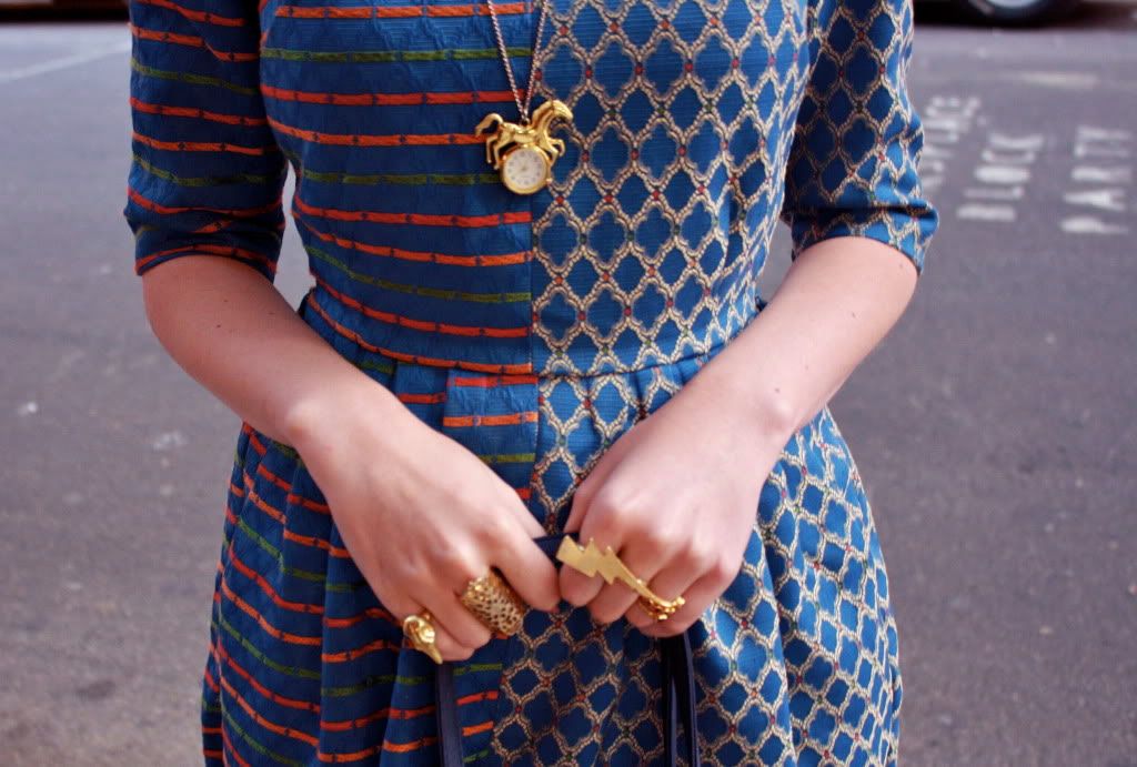 the clothes horse, fashion, style, red head, brocade dress, neneee, modcloth, gold heels, seychelles, owl bag