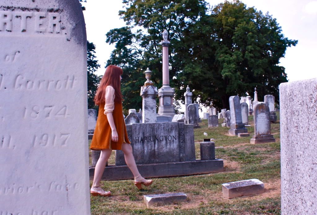 the clothes horse, family affairs, velvet dress, nude heels, redhead, sheer blouse, fall, fashion, style, retro, vintage, cemetery, noir