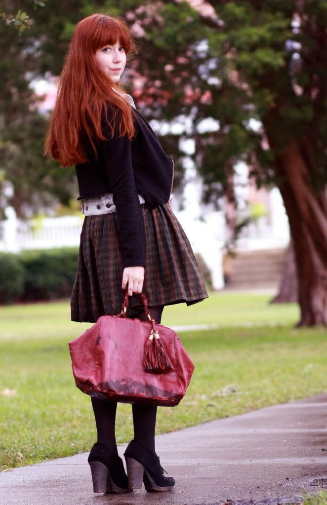 the clothes horse, fashion, style, retro, vintage, plaid dress, denim vest, black booties, black tights, redhead
