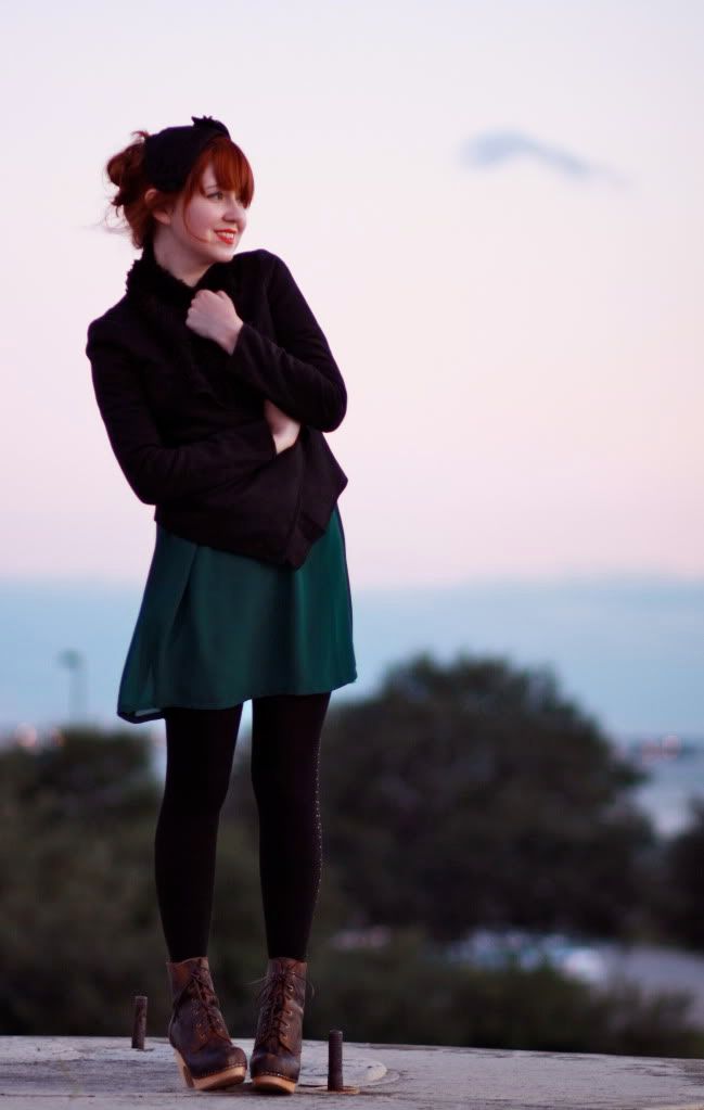 the clothes horse, fashion, style, retro, vintage, green dress, black jacket, jeffrey campbell booties, distressed booties, redhead, red lips, 1920s