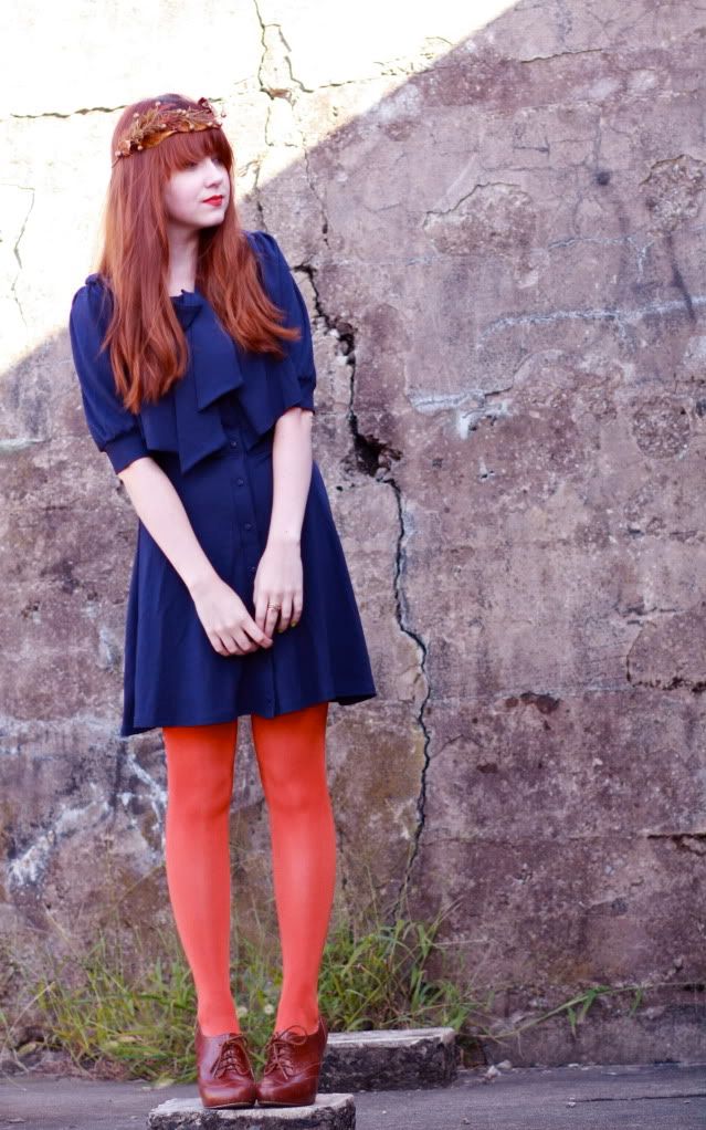 the clothes horse, fashion, style, orange and blue, fae wreath, floral headpiece, autumn crown, navy dress, orange tights, seychelles booties, retro, redhead