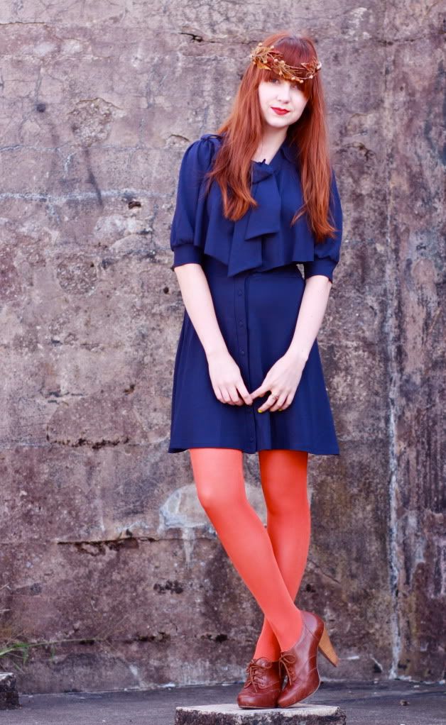 the clothes horse, fashion, style, orange and blue, fae wreath, floral headpiece, autumn crown, navy dress, orange tights, seychelles booties, retro, redhead