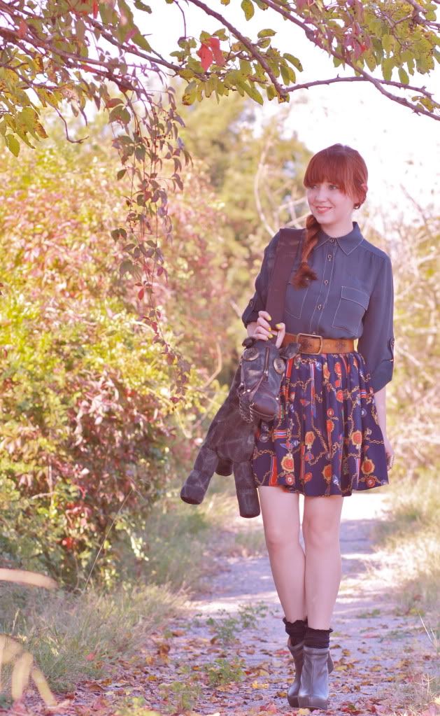the clothes horse, fashion, style, retro, vintage, blue blouse, medal skirt, jeffrey campbell, grey booties, grey wedges, vintage skirt, redhead, side braid