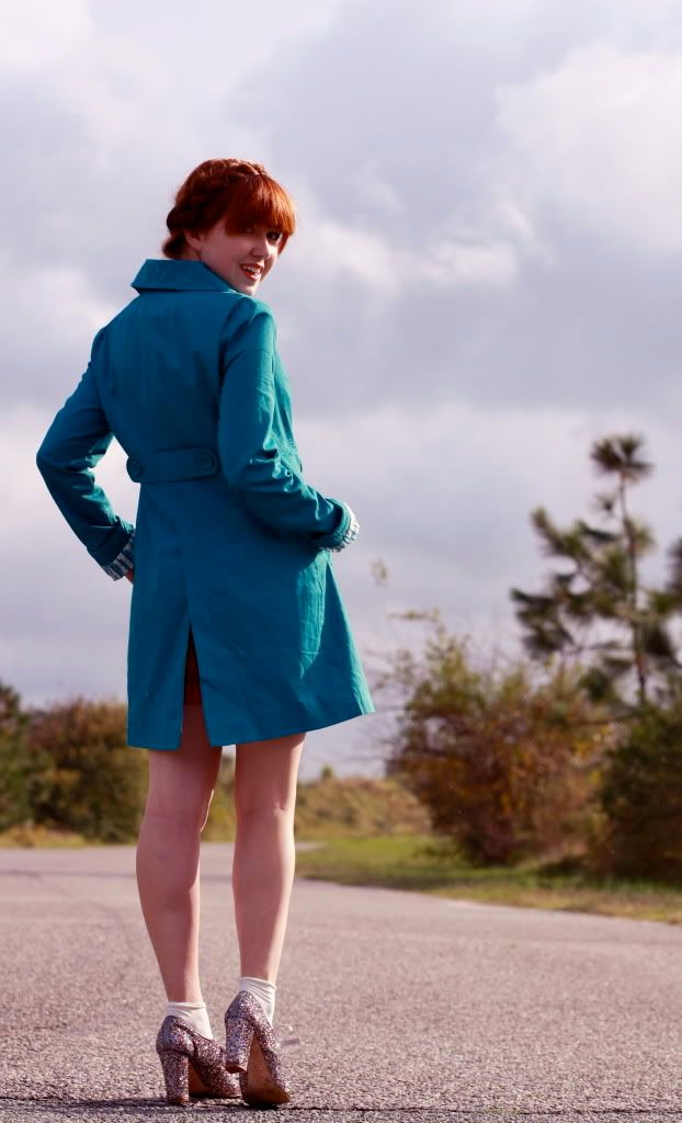 the clothes horse, fashion, style, teal coat, glitter heels, glitter brogues, redhead, heidi braids, milkmaid braids