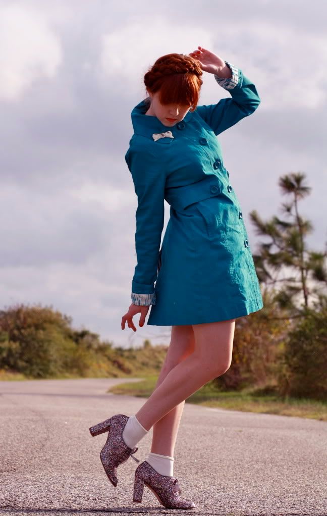 the clothes horse, fashion, style, teal coat, glitter heels, glitter brogues, redhead, heidi braids, milkmaid braids