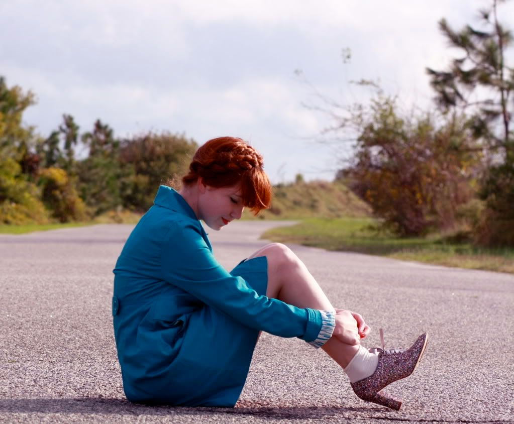 the clothes horse, fashion, style, teal coat, glitter heels, glitter brogues, redhead, heidi braids, milkmaid braids