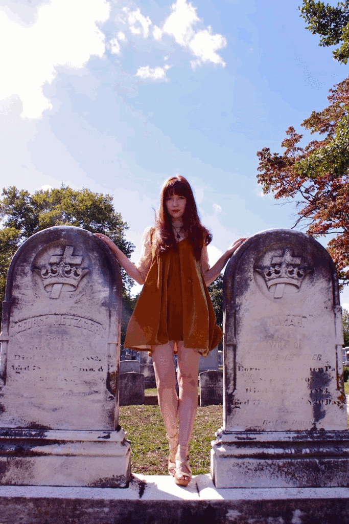 the clothes horse, family affairs, velvet dress, nude heels, redhead, sheer blouse, fall, fashion, style, retro, vintage, cemetery, noir