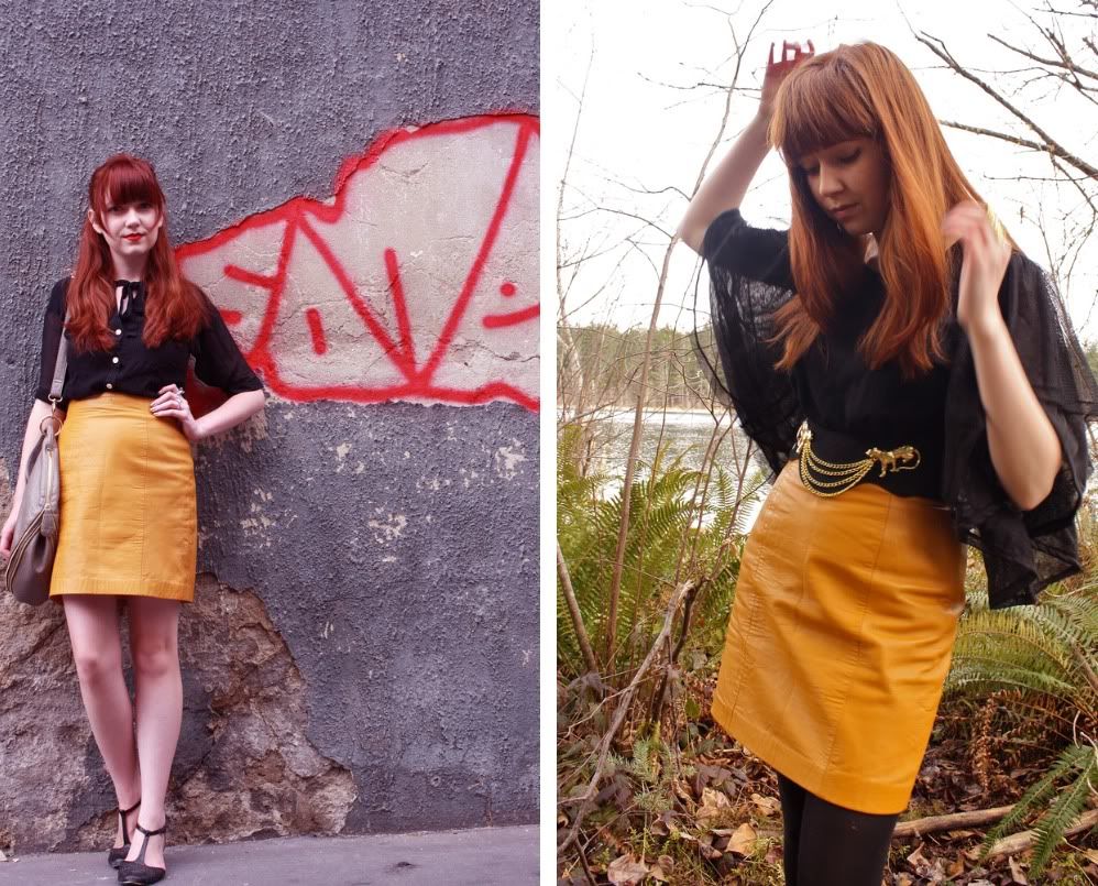 the clothes horse, remix, yellow skirt, leather skirt, secondhand, fashion, style, retro