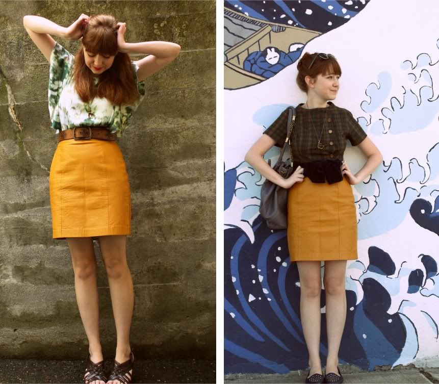 the clothes horse, remix, yellow skirt, leather skirt, secondhand, fashion, style, retro