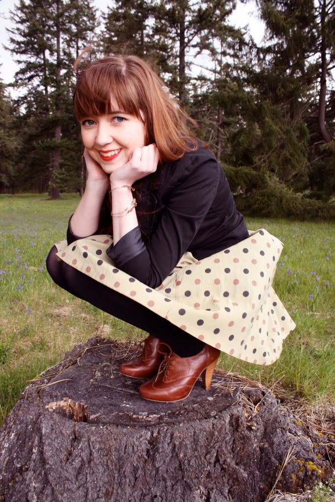 the clothes horse, black blazer, seychelles booties, green dress, polka dot dress, vintage dress, retro, red lips, redhead, daily outfit, style, fashion, black tights