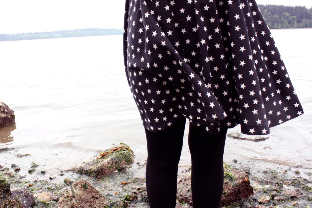 the clothes horse, fashion, style, H&M dress, star dress, sheer blouse, black tights, patent wedges, puget sound, ocean, sea, rockabily, remix, daily outfit, retro, vintage