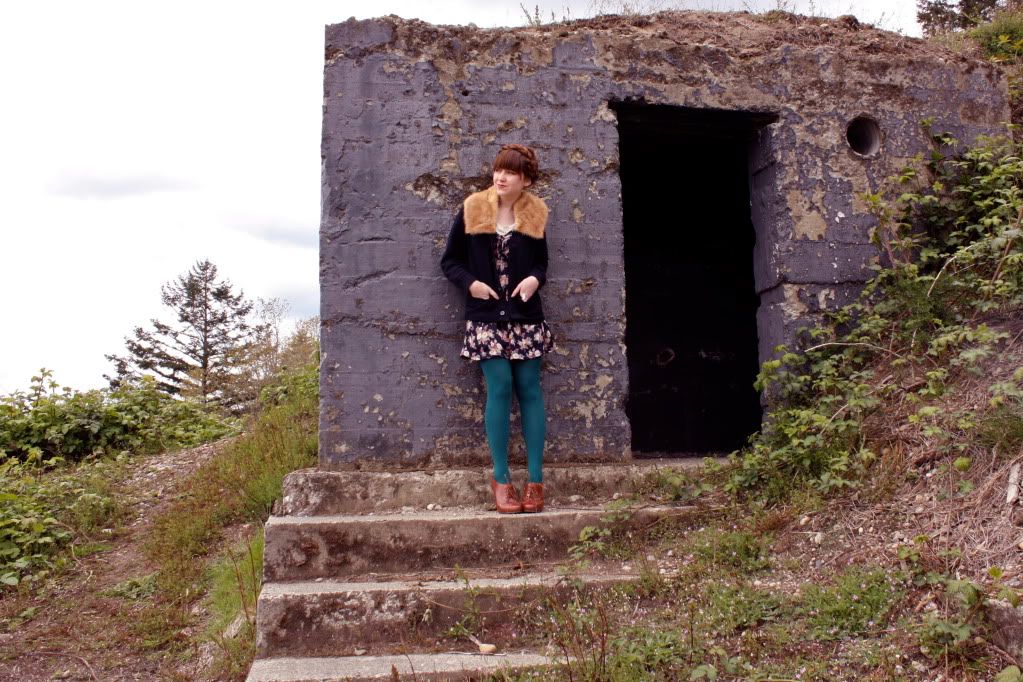 the clothes horse, vintage dress, floral grunge, seychelles booties, fur collar, heidi braids, milkmaid braids, redhead, daily outfit, style, fashion, navy cardigan, bijules ring, military bunker