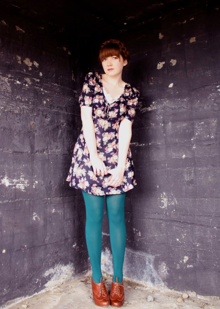 the clothes horse, vintage dress, floral grunge, seychelles booties, fur collar, heidi braids, milkmaid braids, redhead, daily outfit, style, fashion, navy cardigan, bijules ring, military bunker