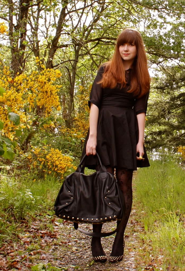 the clothes horse, fashion blog, personal style, black dress, film noir, modcloth, jeffrey campbell, studded handbag, studded shoes, vintage, retro, floral tights, sheer blouse