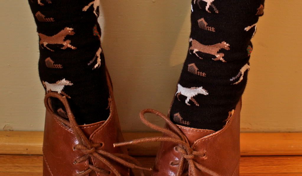 the clothes horse, daily outfit, fashion blog, personal style, horse socks, nerd style, geek fashion, heeled oxfords, brown booties, detail of the week