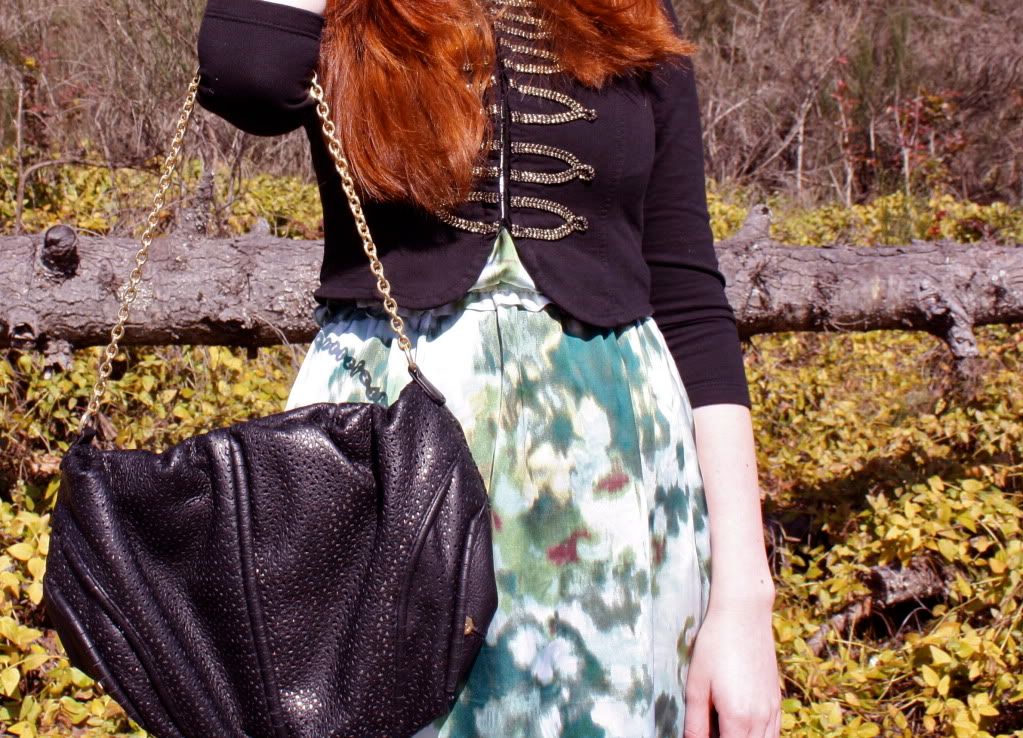 the clothes horse, fashion, style, green dress, military jacket, studded heels, jeffrey campbell, modcloth, H&M, bill blass, black purse, chain strap purse, perforated leather, daily outfit