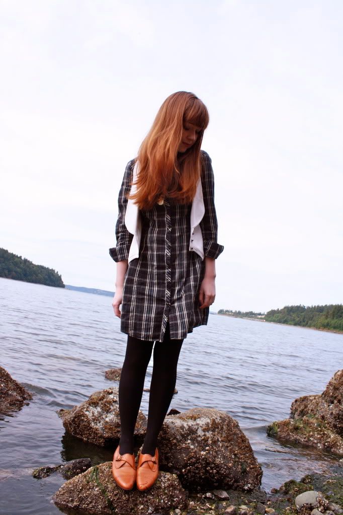 the clothes horse, personal style, fashion blog, remix, retro, vintage, plaid shirtdress, knit vest, black and white, puget sound