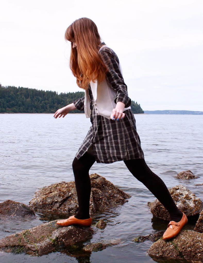 the clothes horse, personal style, fashion blog, remix, retro, vintage, plaid shirtdress, knit vest, black and white, puget sound