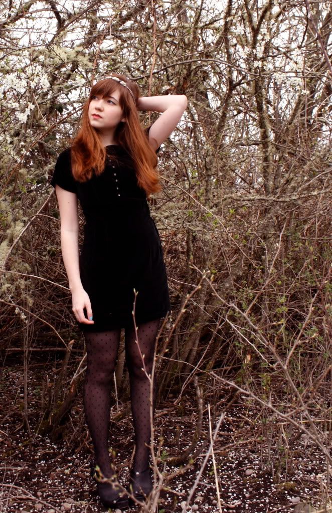 the clothes horse, fashion, style, black velvet, vintage, retro, mini dress, black dress, wednesday addams, headpiece, dame, polka dot tights, sheer stockings, heeled clogs, daily outfit, spring, cherry blossom