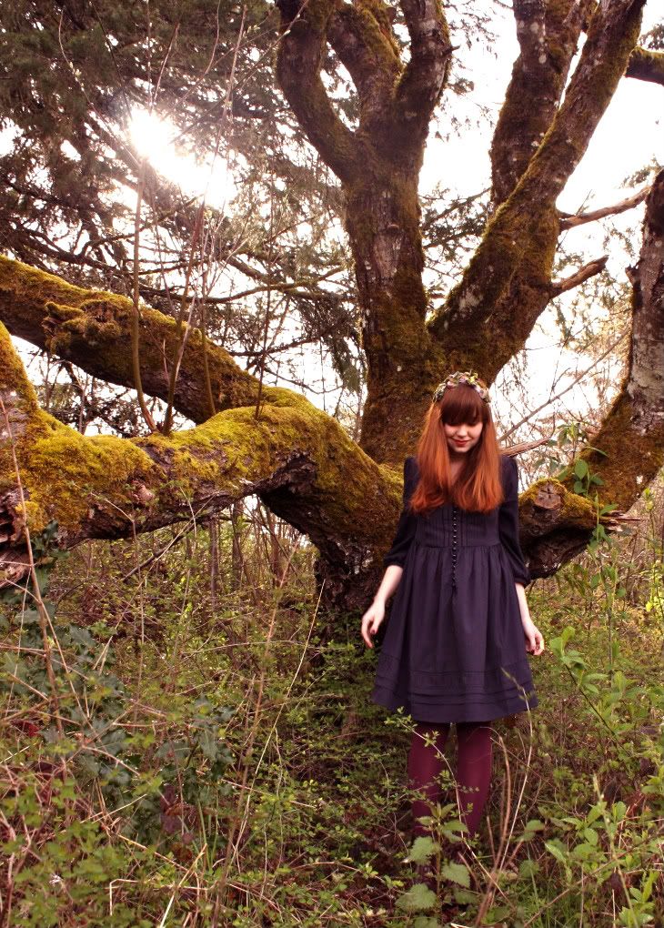 the clothes horse, fashion, style, navy dress, purple tights, maroon booties, vintage fascinator, floral hat, daily outfit, retro, dryad, romantic, spring, nature