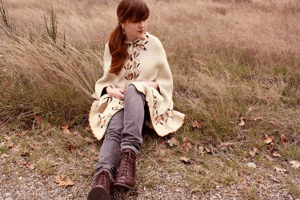 the clothes horse, fashion, style, vintage, retro, cape, beige, neutrals, grey jeans, maroon, booties, redhead, seashell ring
