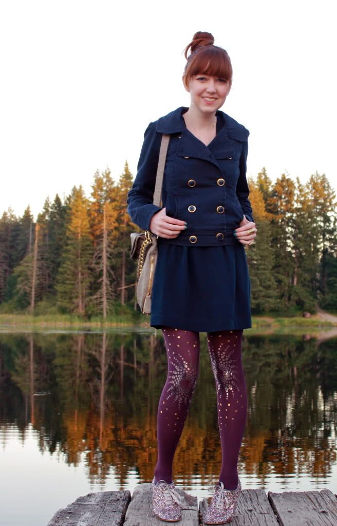 the clothes horse, fashion, style, retro, vintage, purple tights, foil tights, gal stern, glitter brogues, glitter heels, heeled oxfords, silver tights, sequin tights, geren ford, high bun, lake