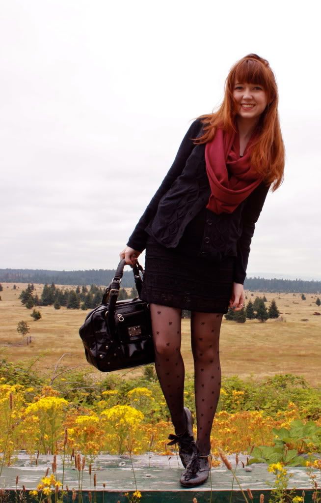 the clothes horse, personal style, fashion, black dress, sheer tights, bow tights, tabio, bloch wedges, patent shoes, redhead, washington, fall, feather earrings